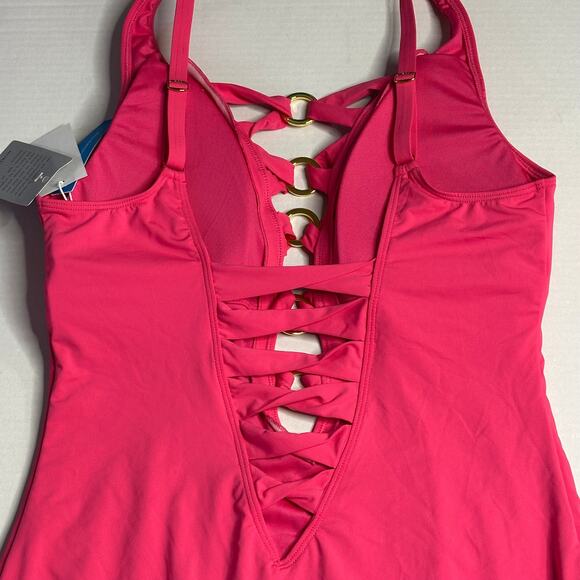 NWT Sz 14 Bleu Rod Beattie Pink One Piece Swimsuit Lace-Up Over Shoulder Resort - Picture 10 of 10